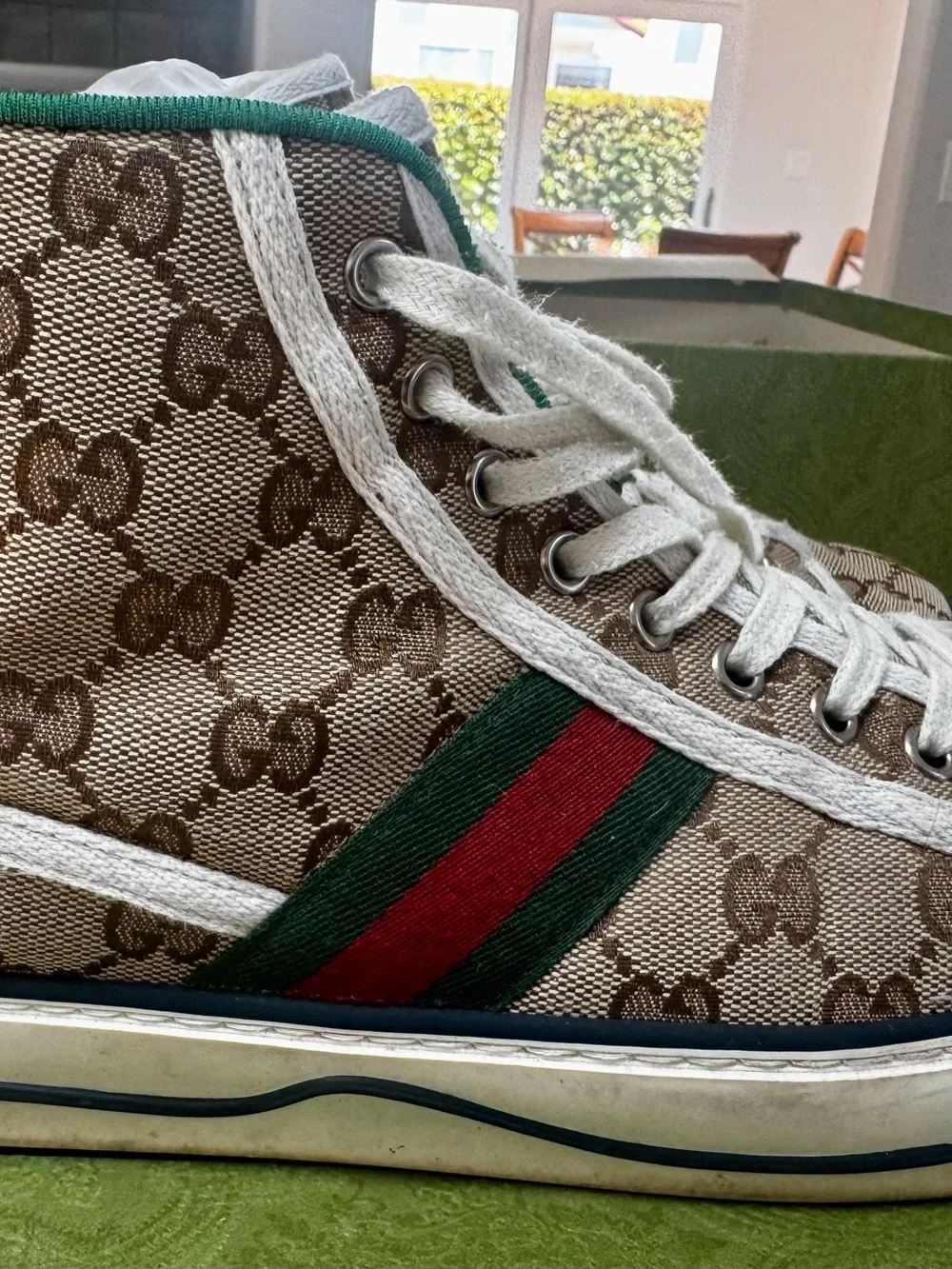 Gucci Beige GG Canvas High-Top Sneakers with Green and Red Web